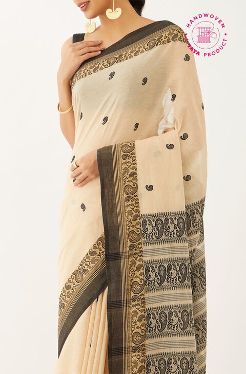 Beige Pure Cotton Woven Design Bengali Saree
