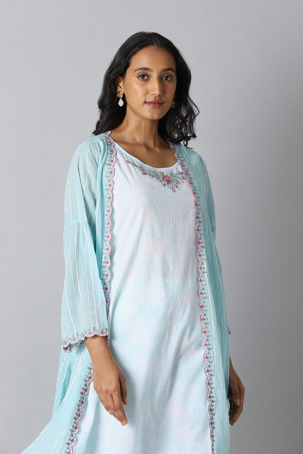 Light Blue Cotton Embroidered Kurta Set image number null