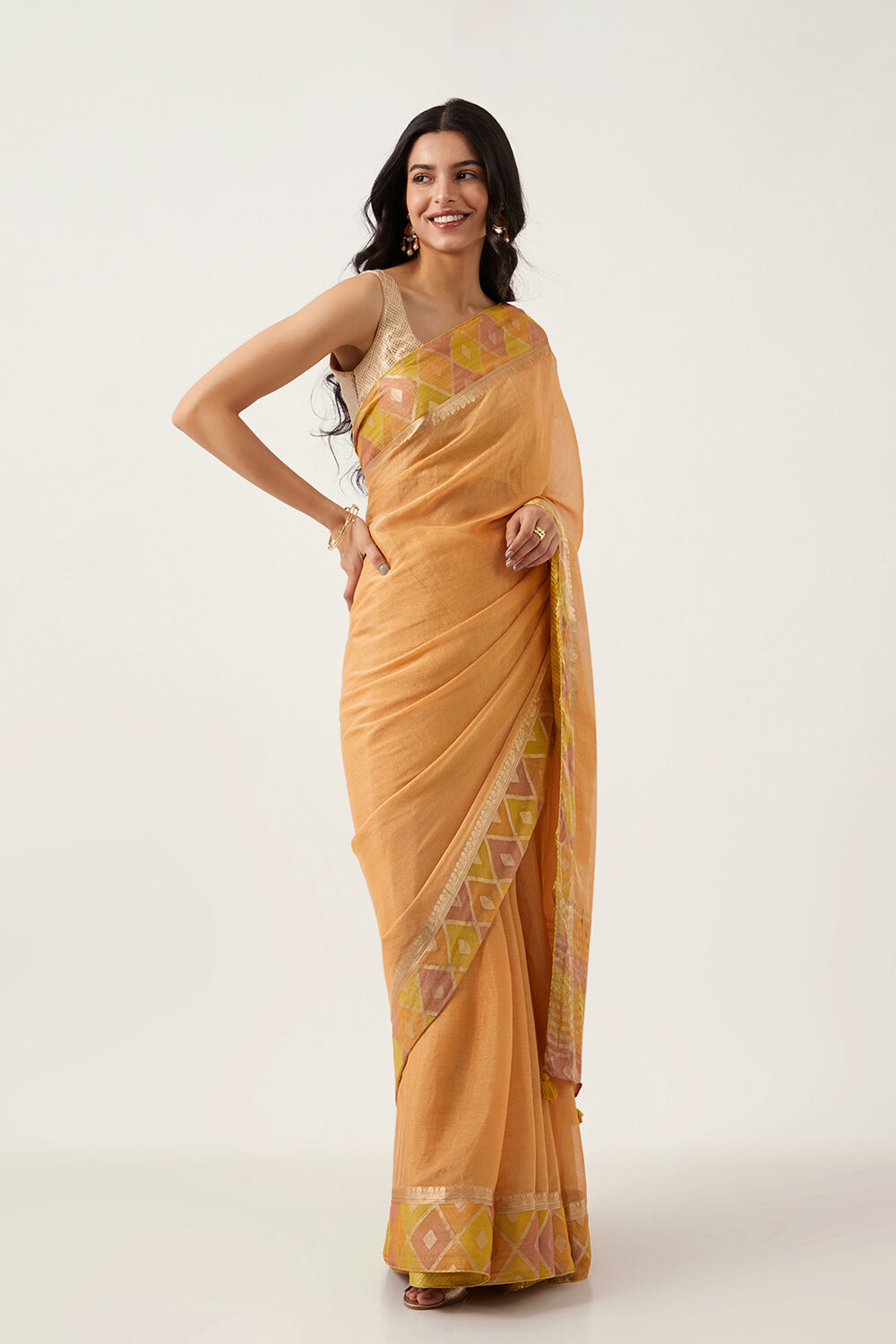 Light Orange Pure Georgette Tissue Woven Saree image number null