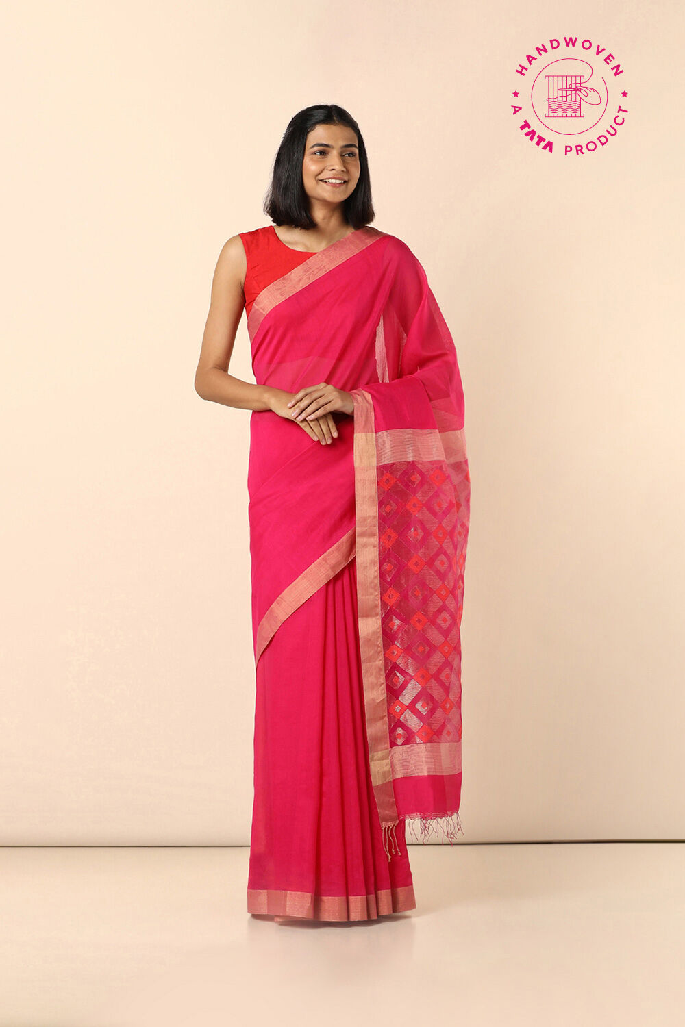 Dark Pink Pure Silk Cotton Bengal Saree image number null