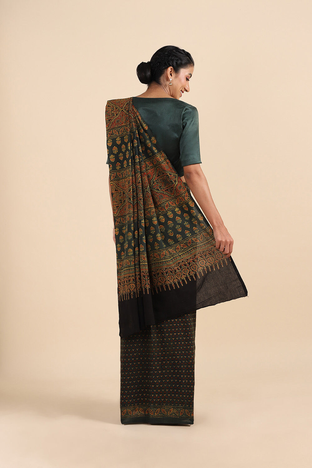 Green Pure Cotton Ajrakh Printed Saree image number null