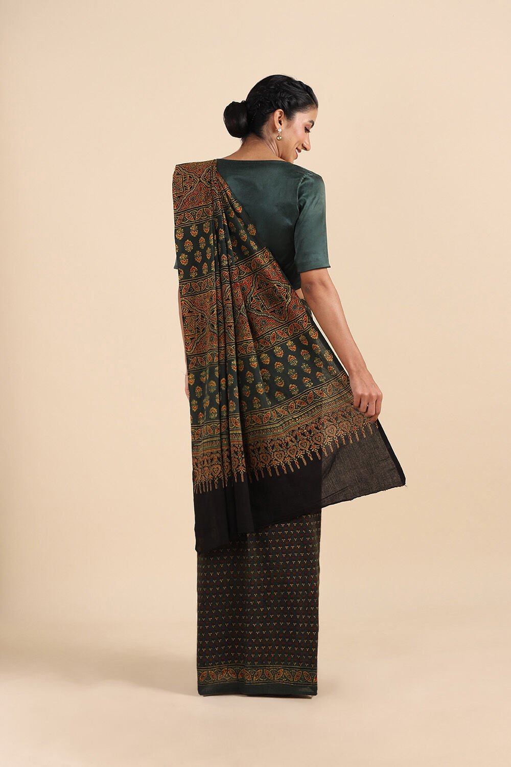 Green Pure Cotton Ajrakh Printed Saree image number null