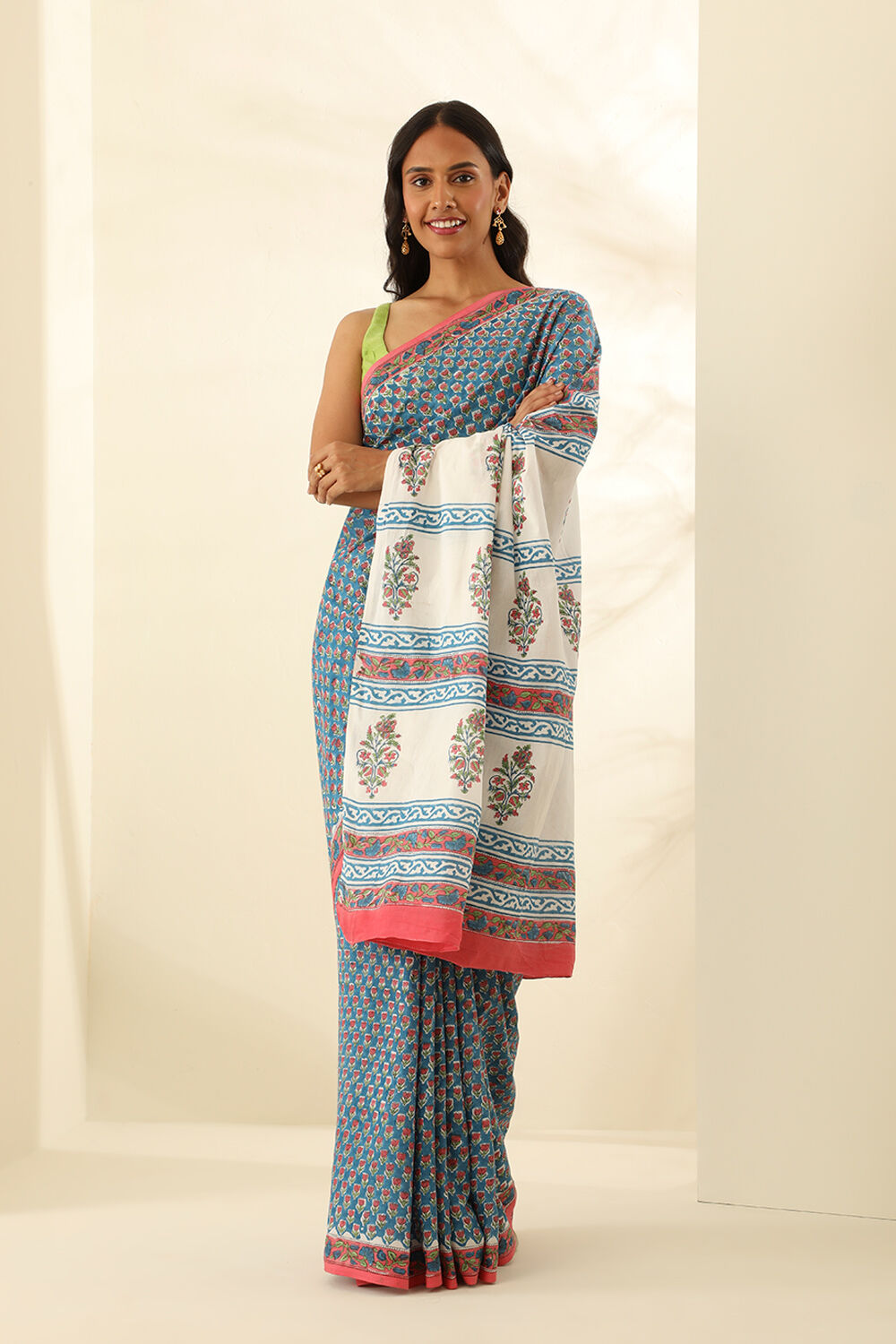Blue Pure Cotton Bagru Block Printed Saree image number null