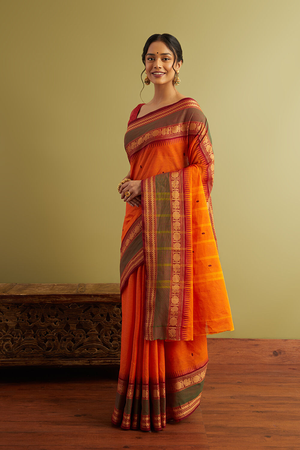 Orange Woven Pure South Cotton Saree image number null