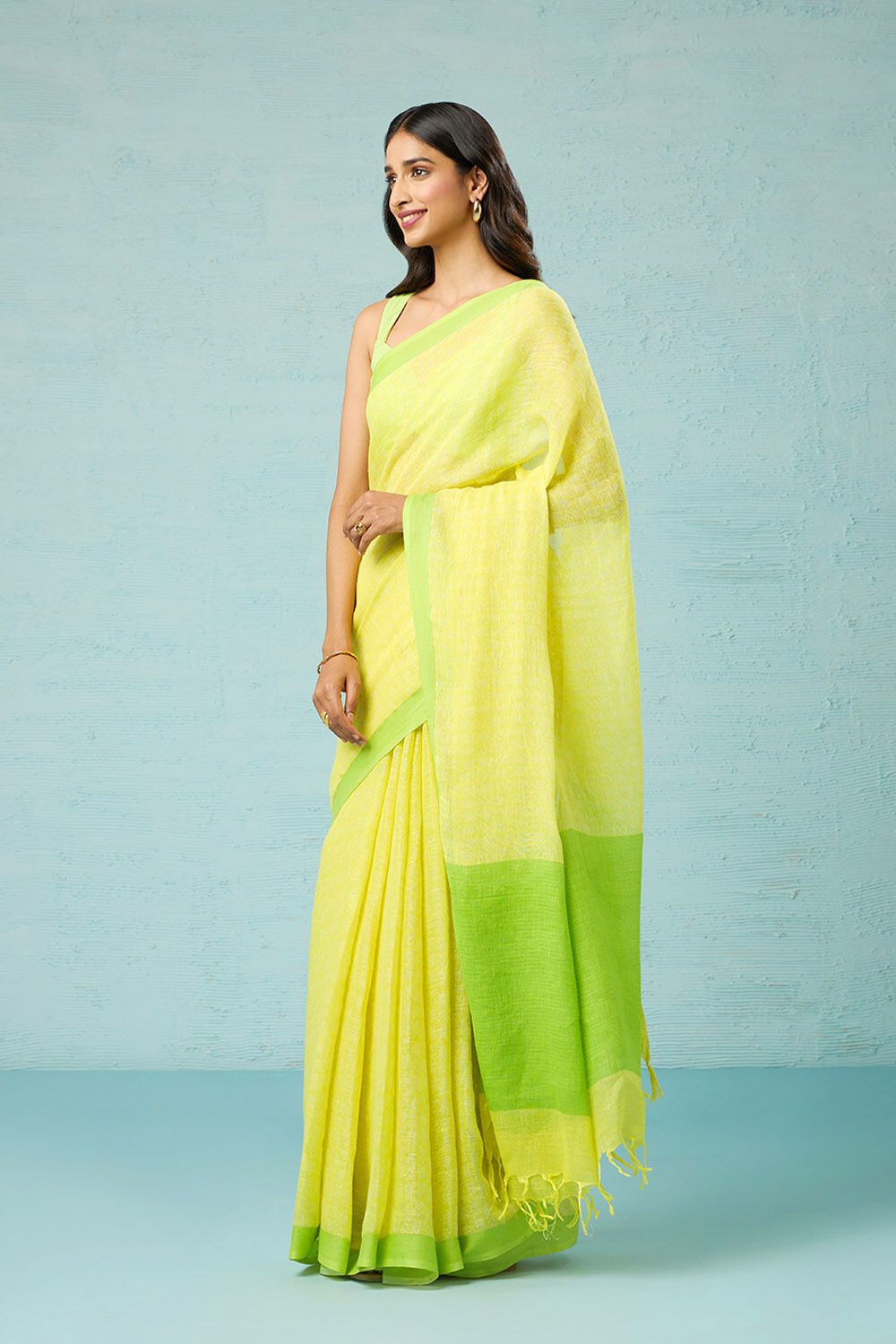 Yellow Screen Printed Pure Linen Saree image number null