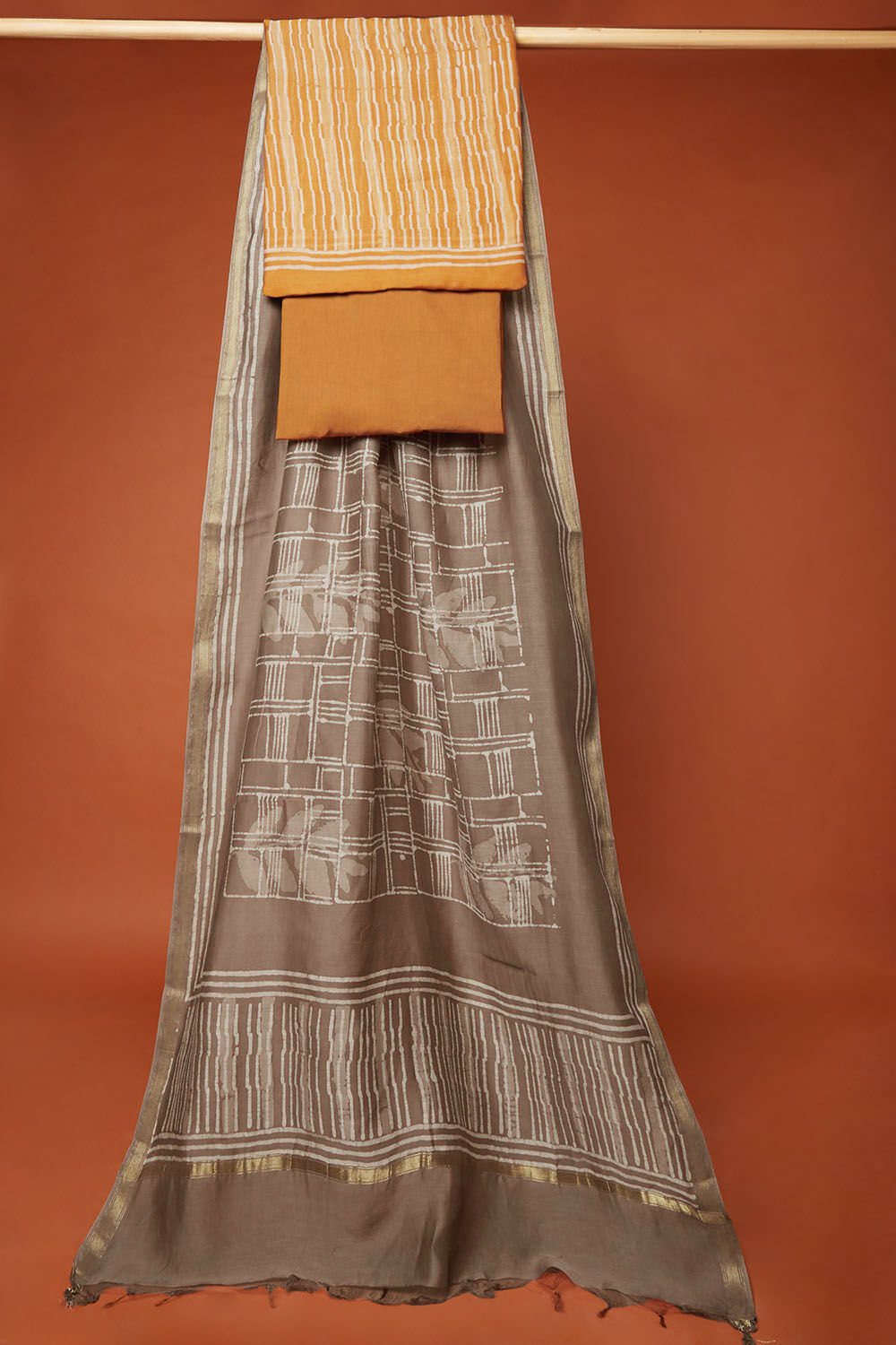 Orange Silk Cotton Block Printed Unstitched Suit Set image number null