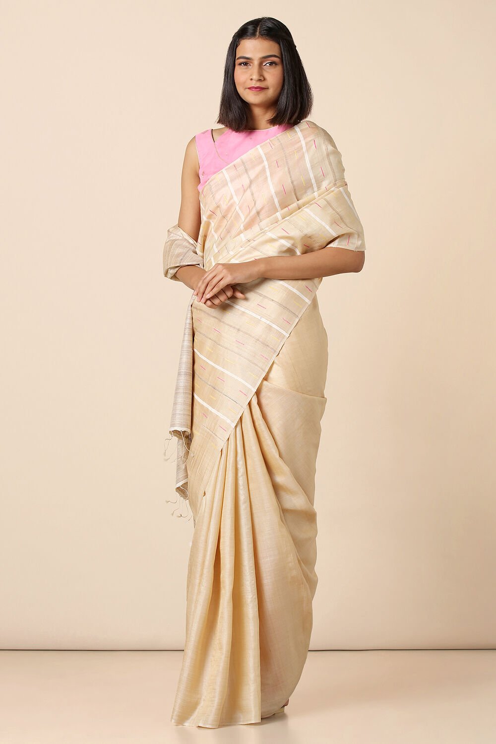 Beige Pure Tussar Silk Woven Saree image number null