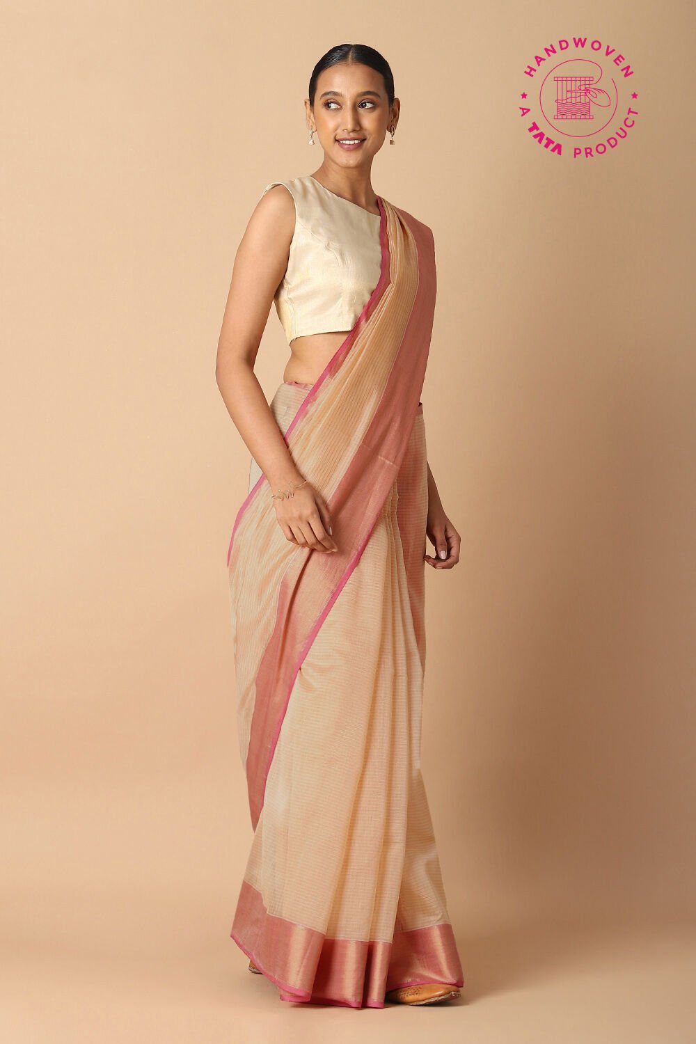 Beige Pure Cotton Tissue Maheswari Saree image number null