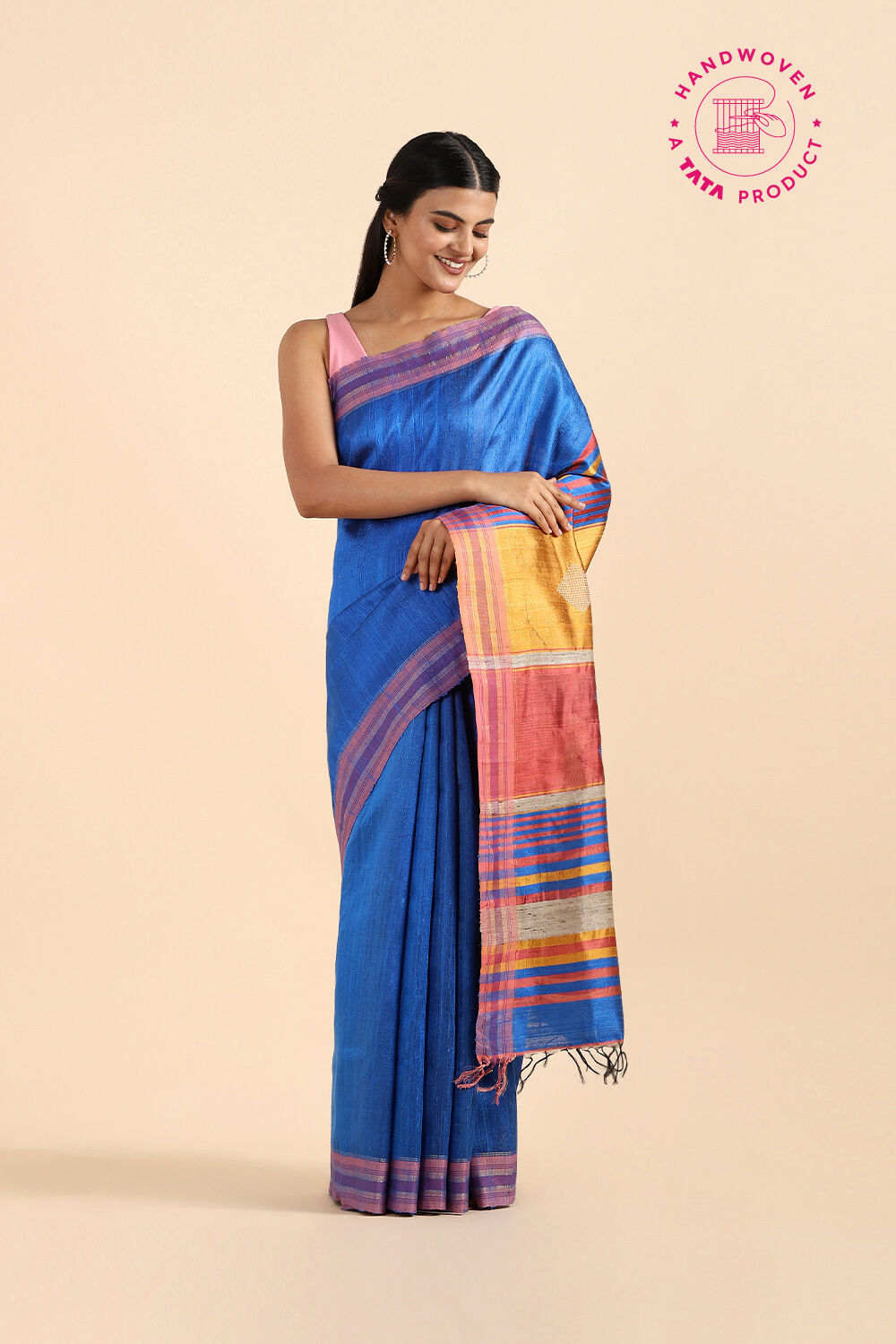 Dark Blue Pure Tussar Silk Bhagalpuri Saree image number null