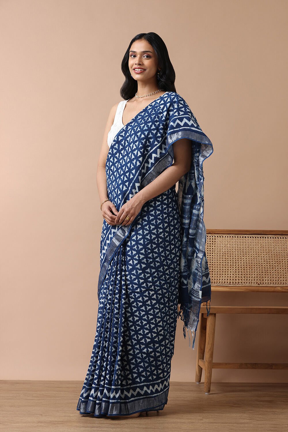 Blue Cotton Viscose Rajasthan Block Printed Saree image number null
