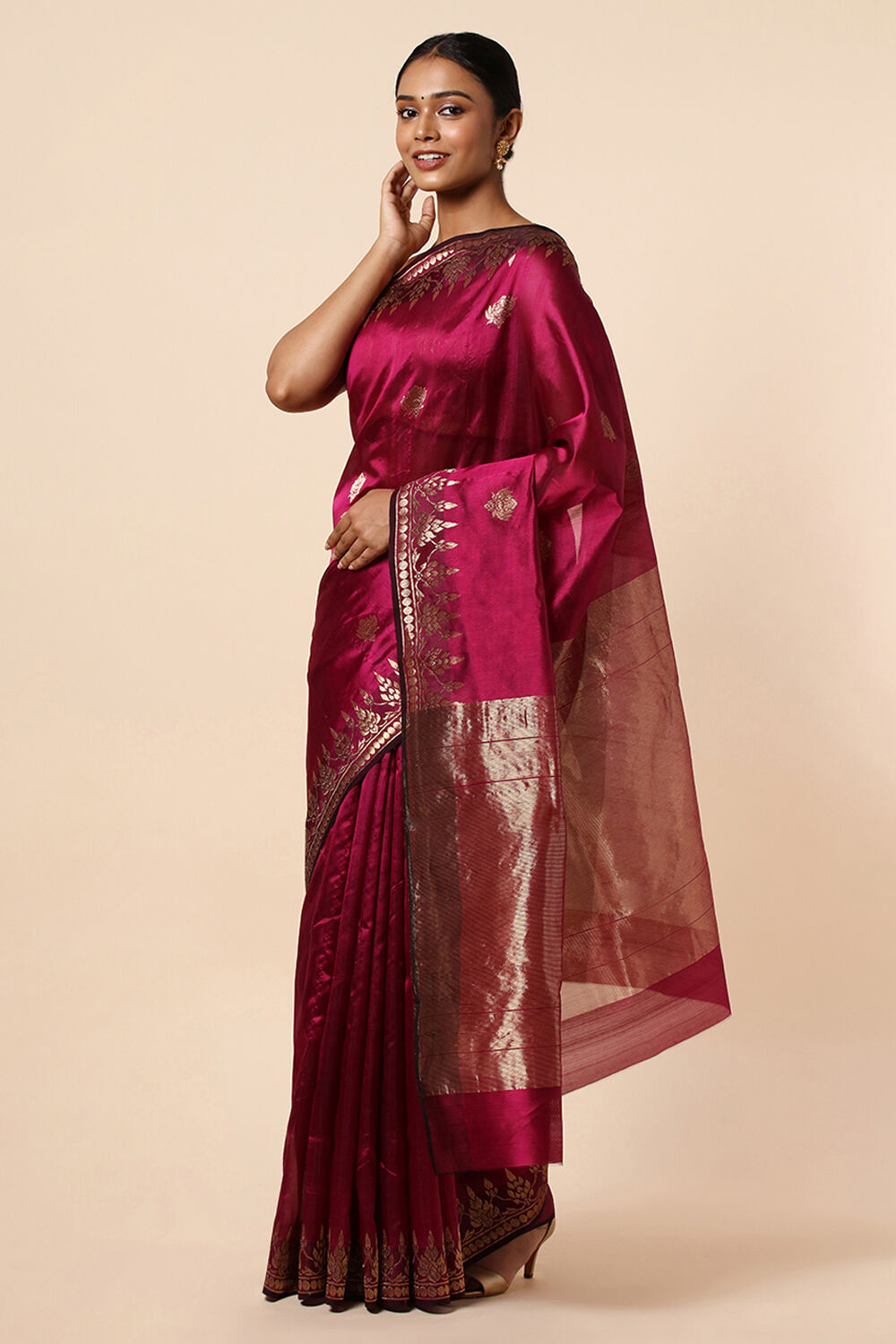 Dark Pink Pure Silk Chanderi Saree image number null