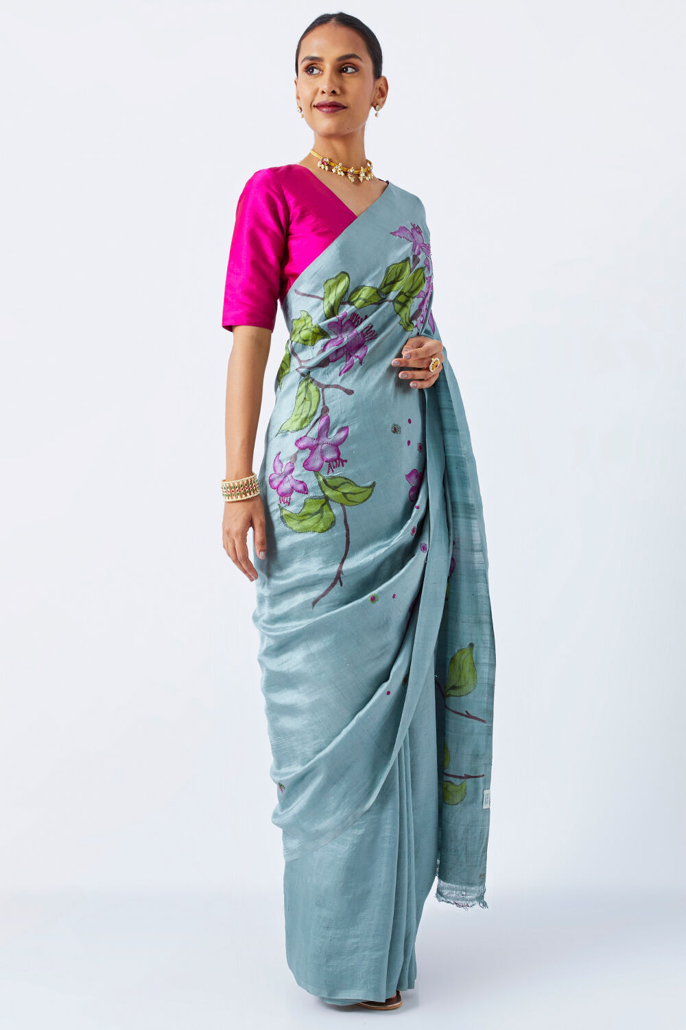 Green Pure Silk Hand Painted Saree image number null