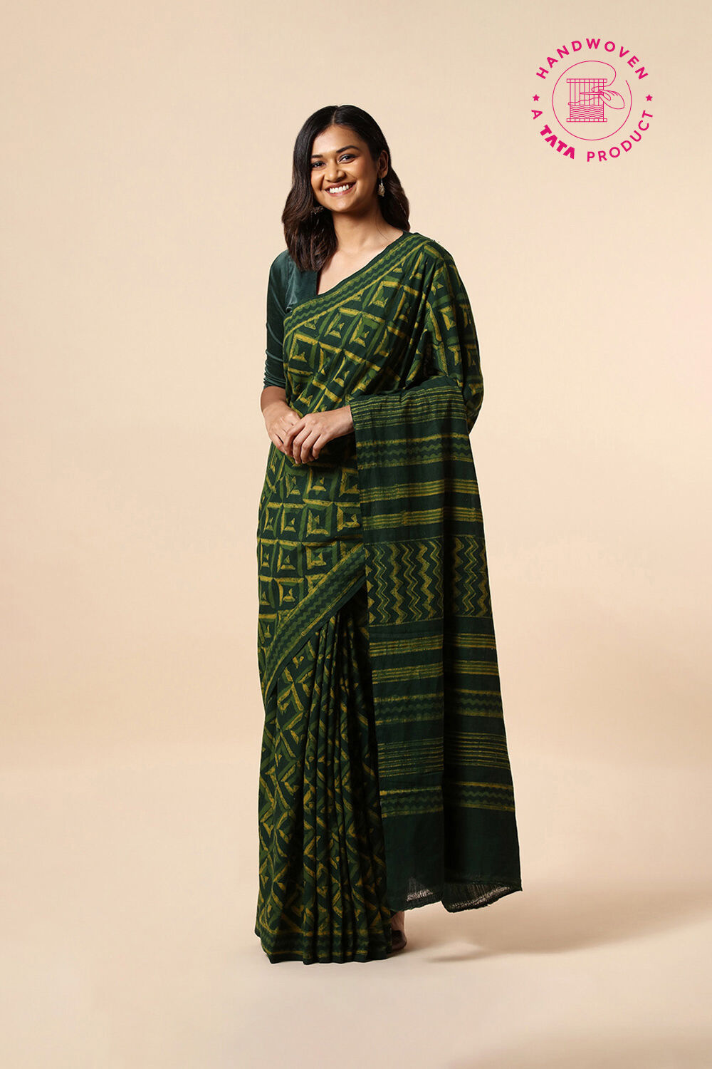 Green Pure Khadi Cotton Dabu Printed Saree image number null