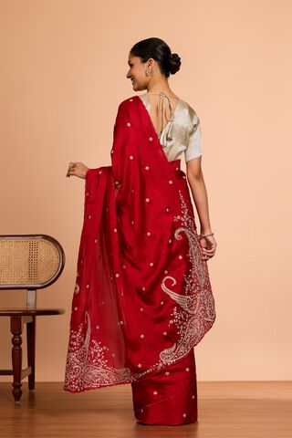 Red  Viscose Satin Embroidered Saree thumbnail image number null