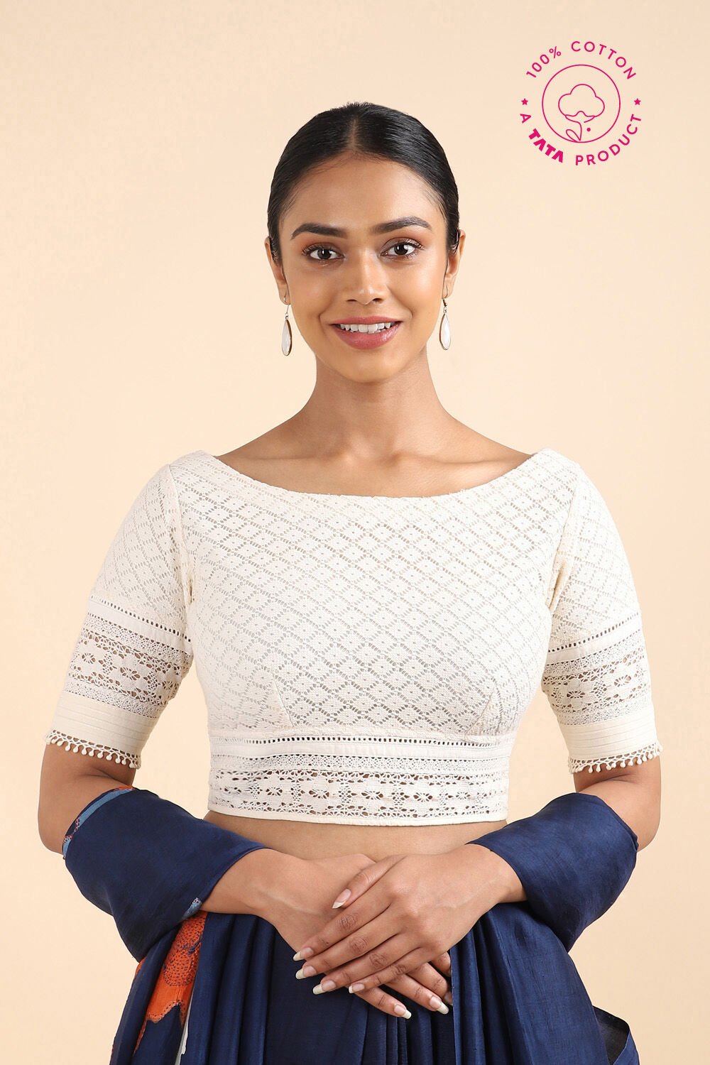 Off White Cotton Schiffli Embroidered Blouse image number null