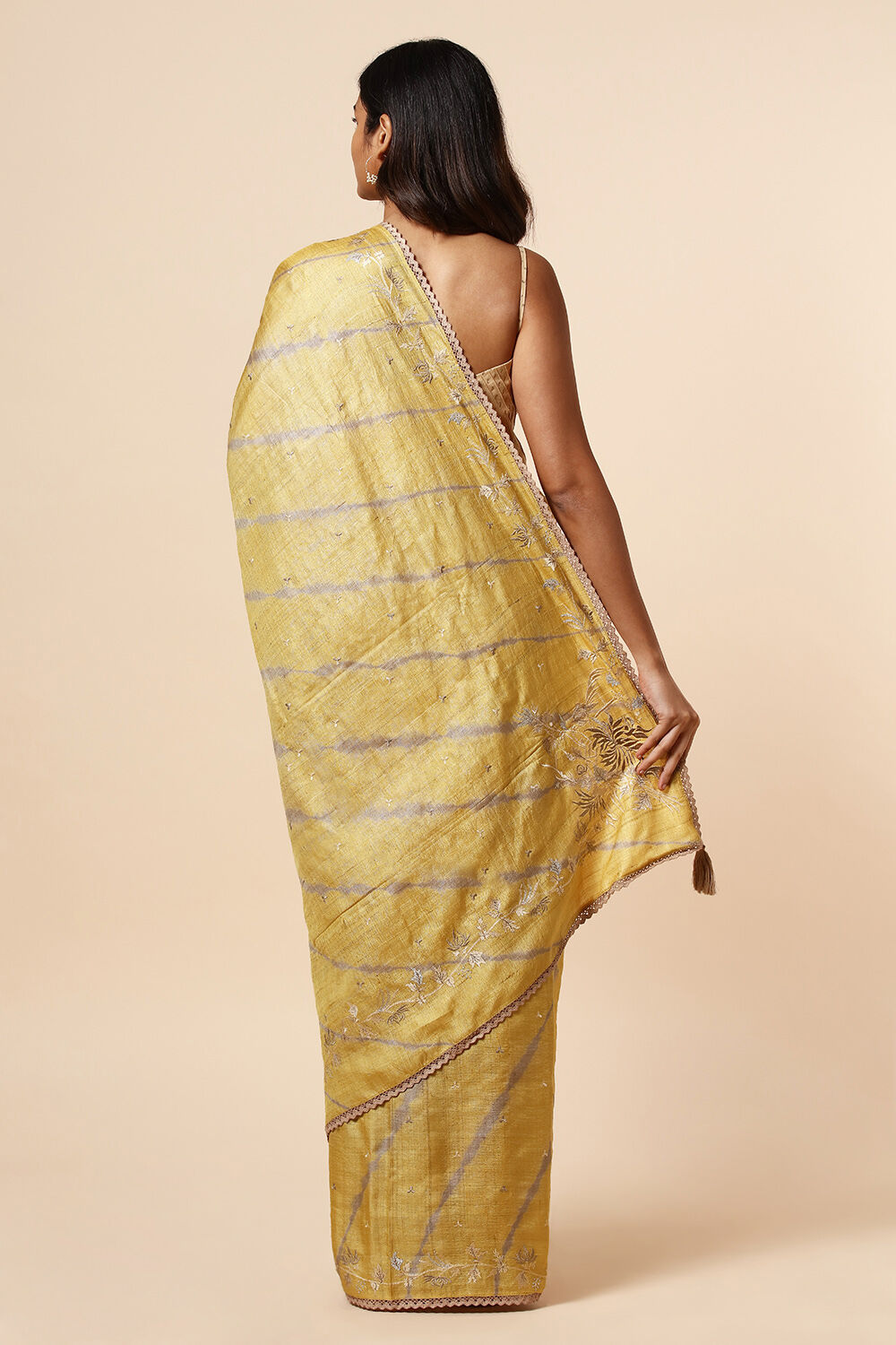 Yellow Pure Tussar Embroidered Saree image number null
