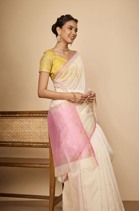 Off White Woven Pure Silk Cotton Chanderi Saree