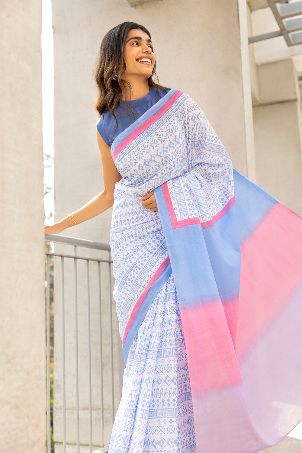 Blue Pure Cotton Mulmul Printed Saree image number null