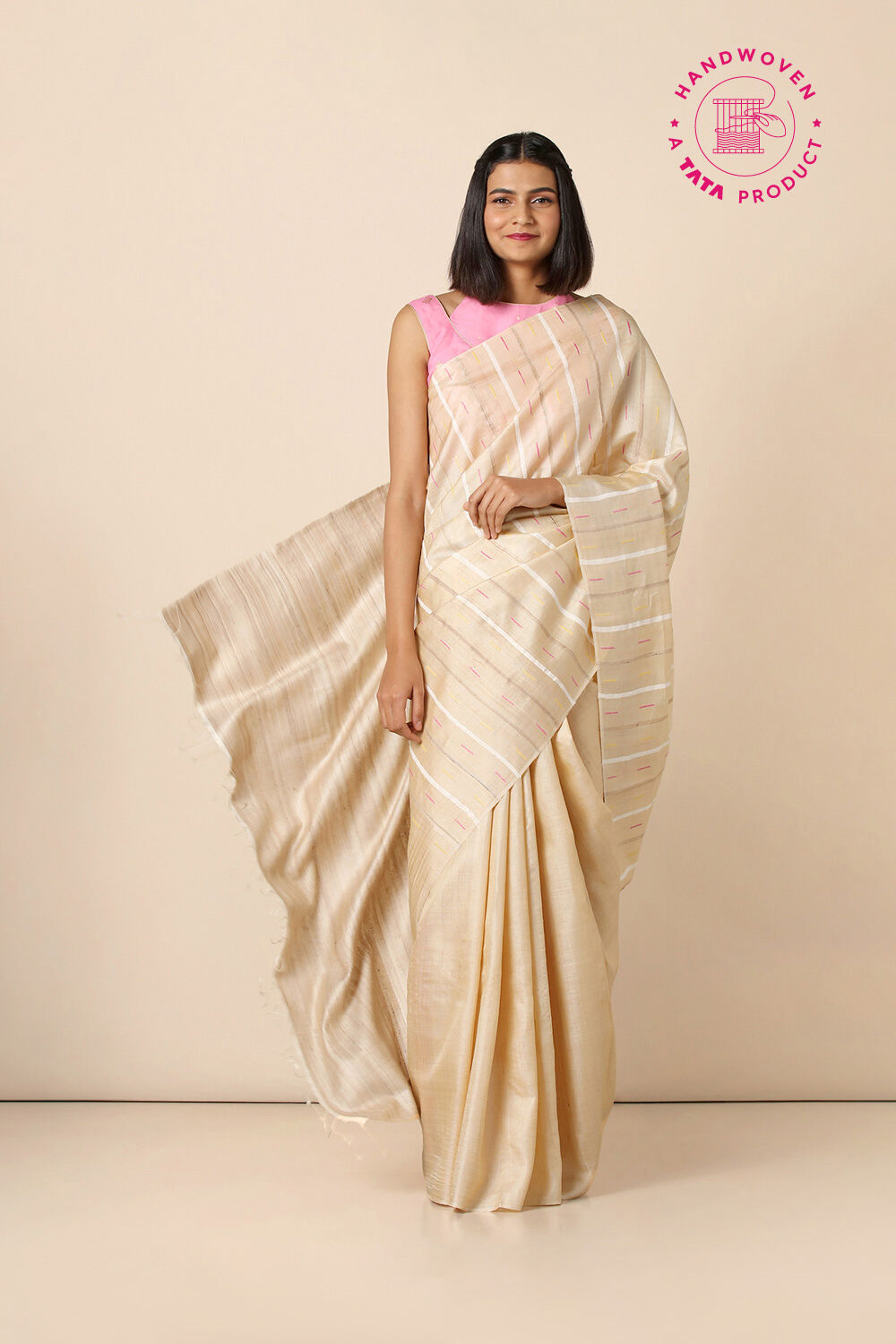 Beige Pure Tussar Silk Woven Saree image number null
