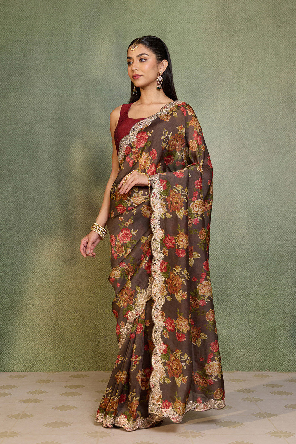 Brown Embroidered Pure Viscose Saree image number null