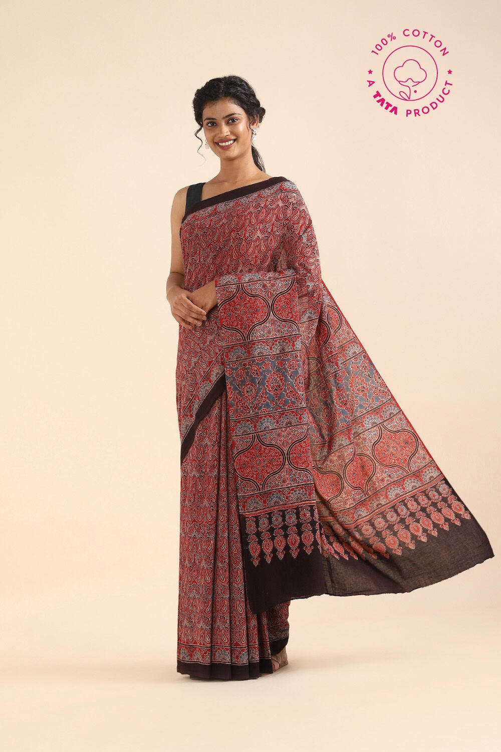 Red Pure Cotton Ajrakh Printed Saree image number null