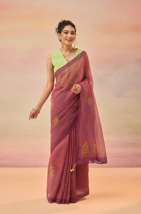 Light Red Bengal Pure Kota Hand Painted Saree