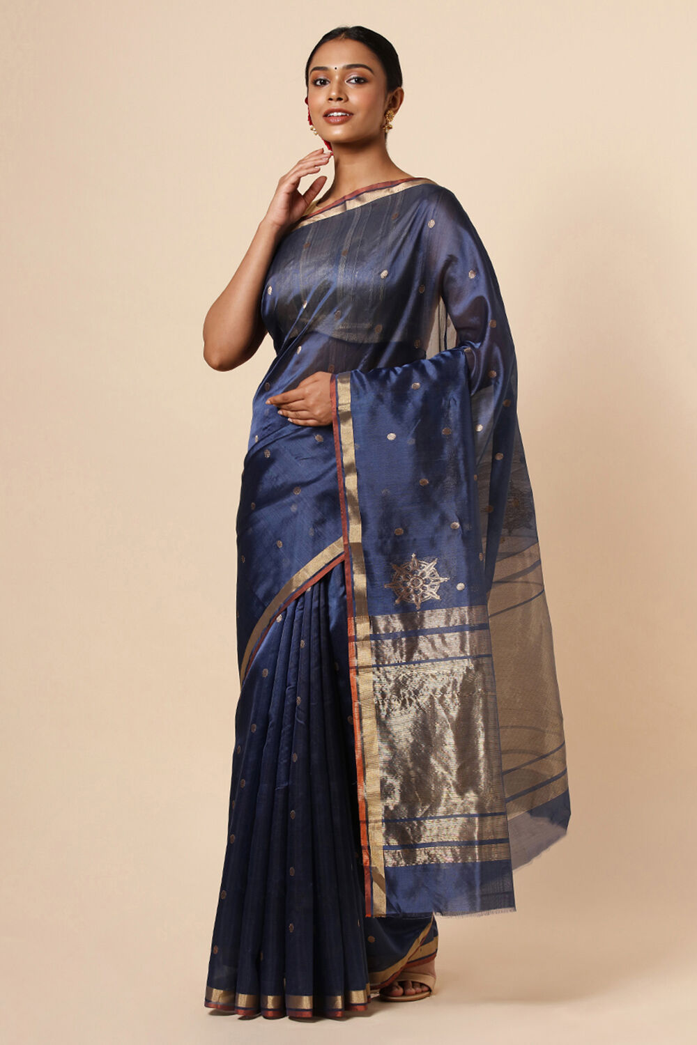 Dark Pure Blue Silk Chanderi Saree image number null