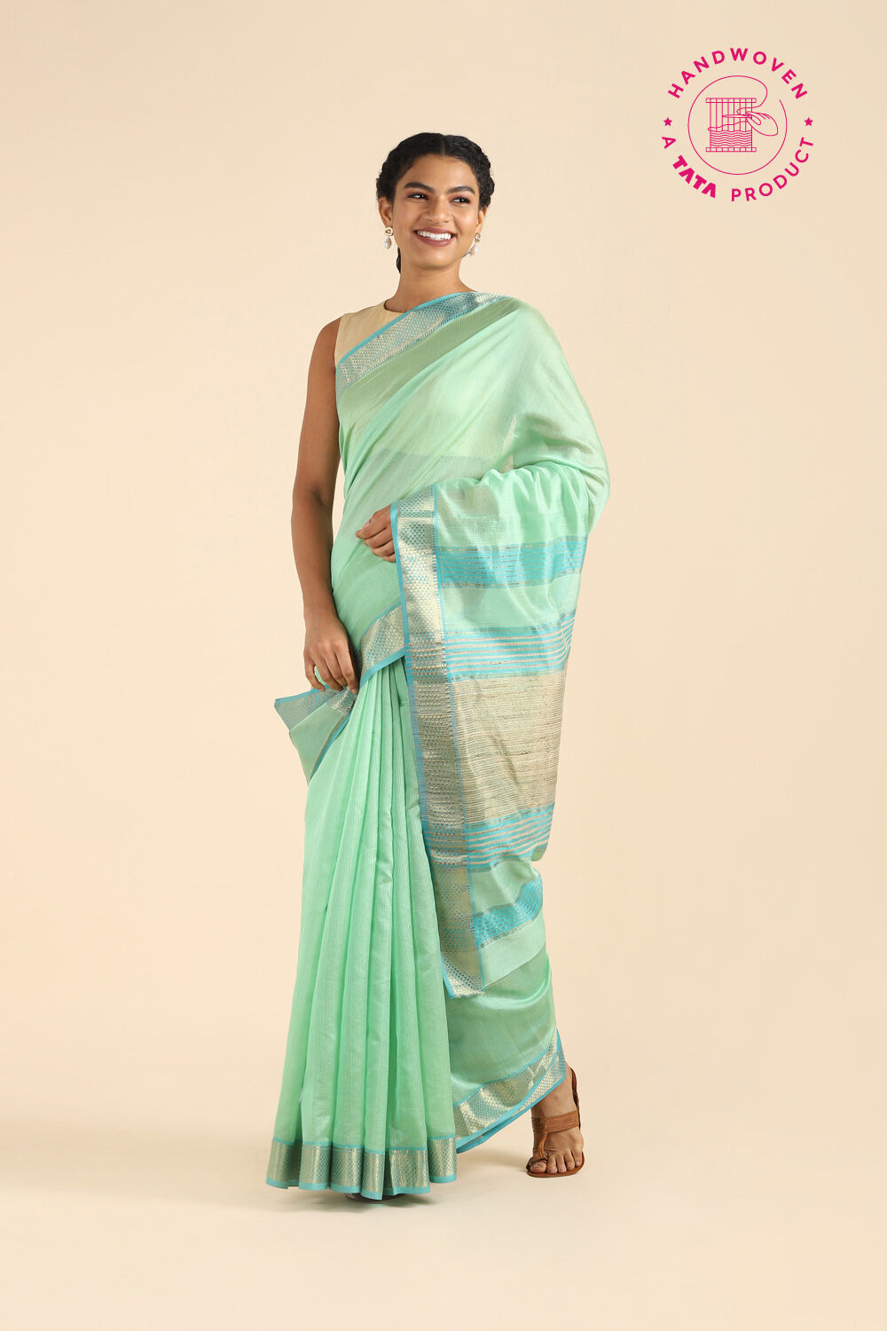 Light Green Pure Silk Cotton Maheswari Saree image number null