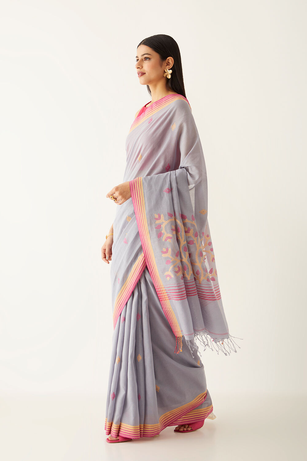 Grey Pure Cotton Bengal Saree image number null