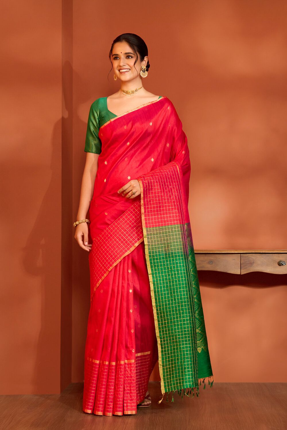 Red Woven Pure Silk Tussar Saree image number null