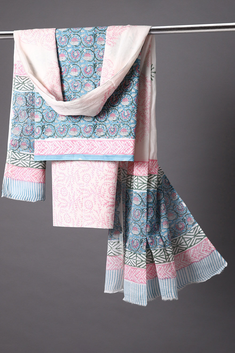 Light Blue Block Printed Cotton Suit image number null