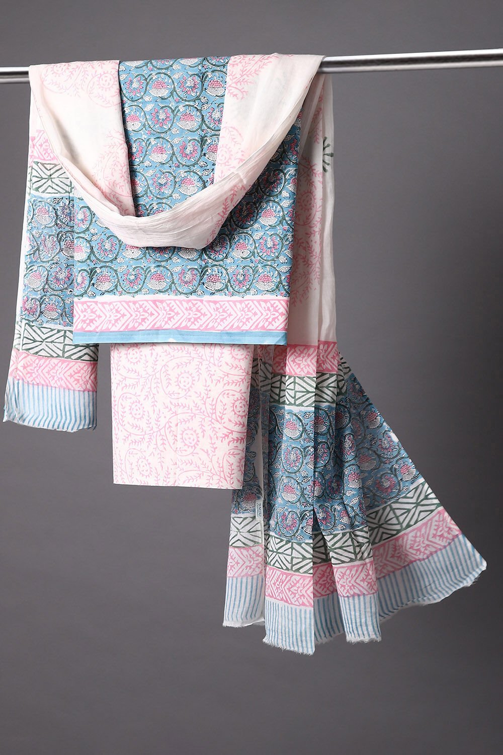 Light Blue Block Printed Cotton Suit image number null