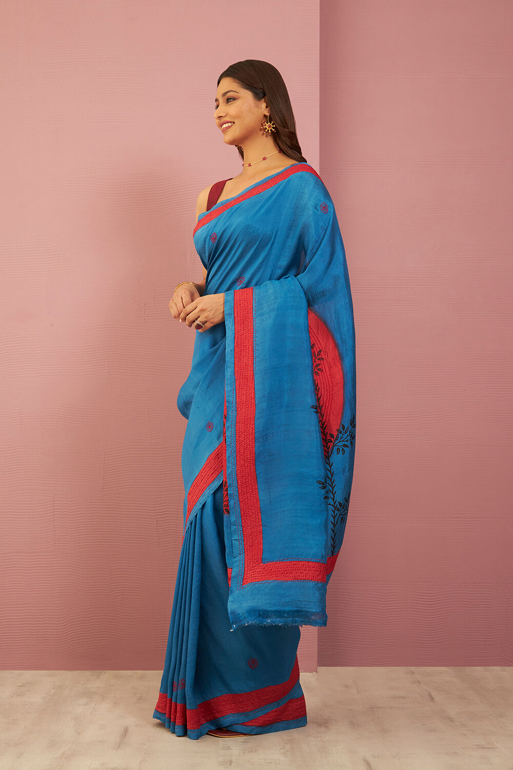Blue Bengal Pure Silk Kantha Embroidered Saree image number null