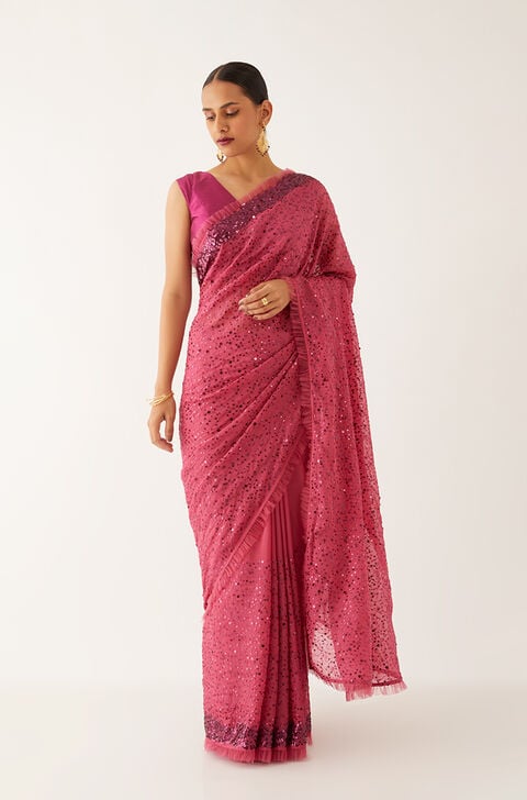 Pink  Organza Viscose Embroidered Saree