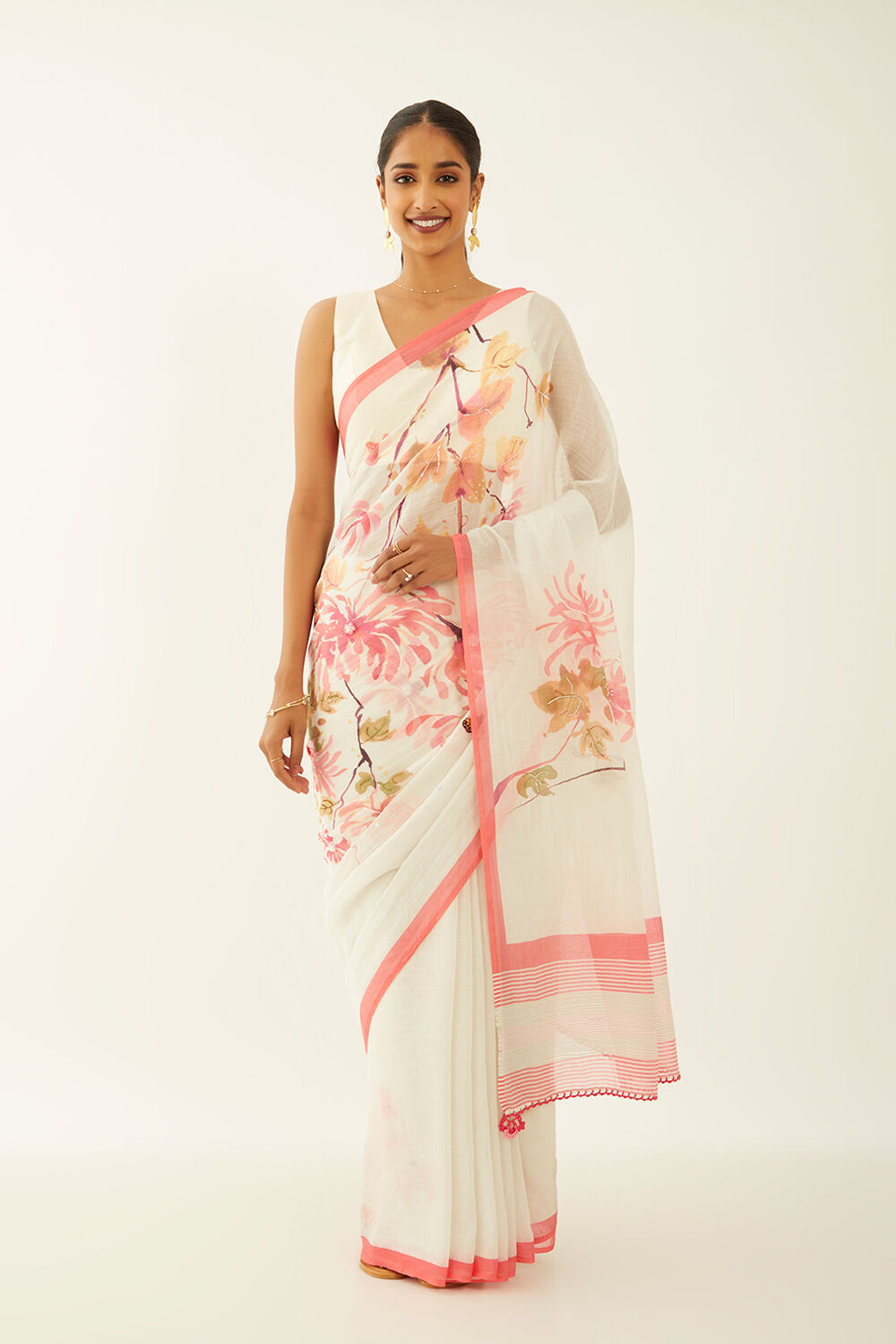 Off White Pure Silk Cotton Digital Printed Saree image number null
