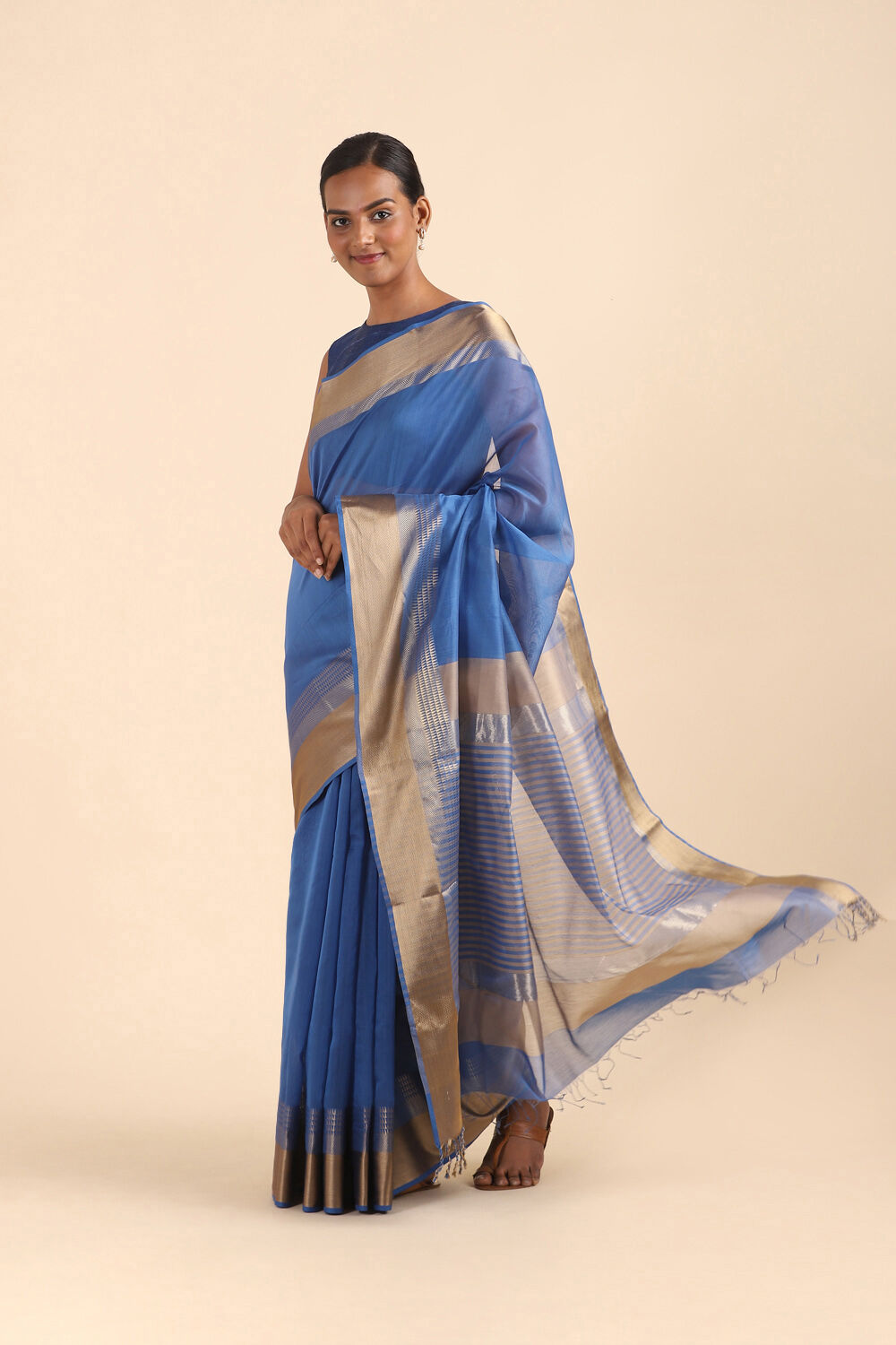 Dark Blue Pure Silk Cotton Maheswari Saree image number null