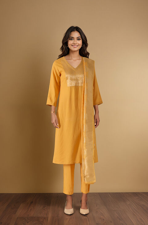 Yellow Brocade Pure Viscose Kurta Set