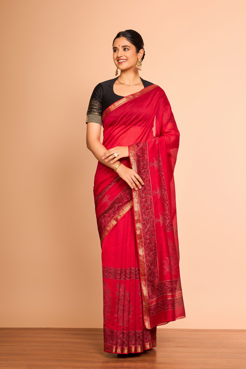 Red Rajasthan Pure Silk Cotton Printed Sanganeri Saree image number null
