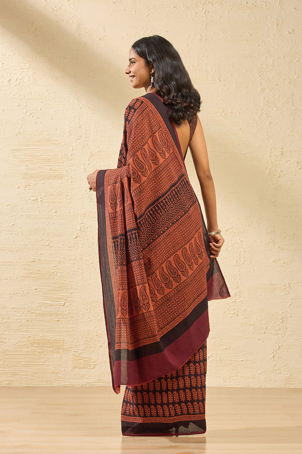 Dark Orange Bagh Block Printed Pure Cotton Saree image number null