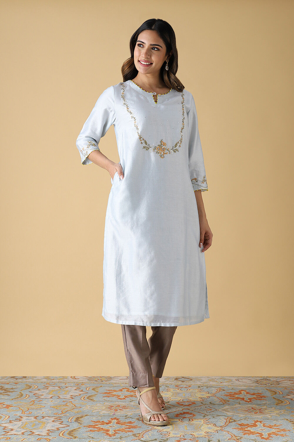 Light Blue Silk Cotton Embroidered Kurta image number null