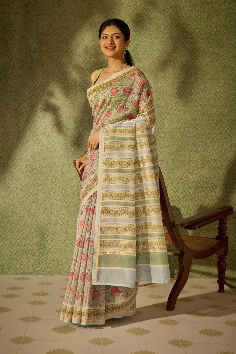 Light Blue Rajasthan Pure Silk Cotton Printed Sanganeri Saree image number null