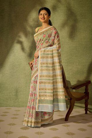 Light Blue Rajasthan Pure Silk Cotton Printed Sanganeri Saree image number