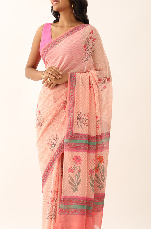 Light Pink Viscose Georgette Block Printed Saree