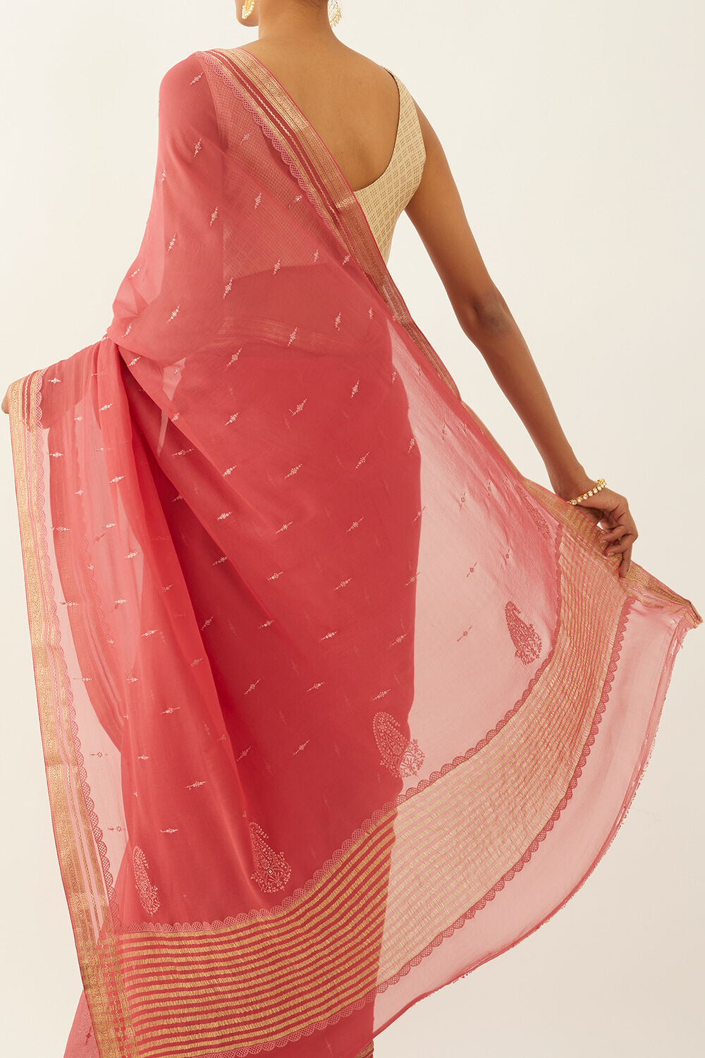 Light Red Pure Chiffon Embroidered Saree image number null