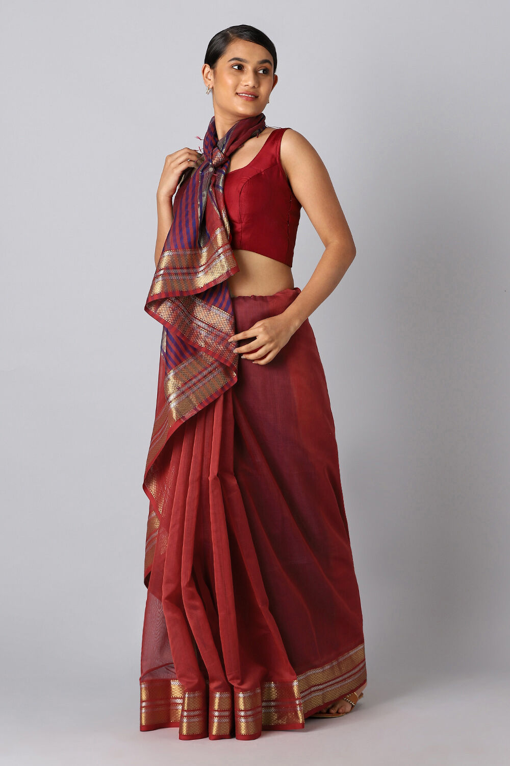 Dark Red Pure Silk Cotton Maheswari Saree image number null