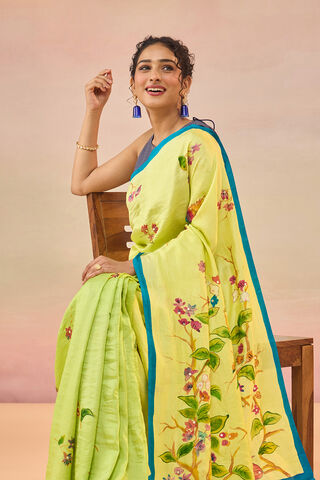 Light Green Bengal Pure Silk Hand Painted Embroidered Saree thumbnail image number null