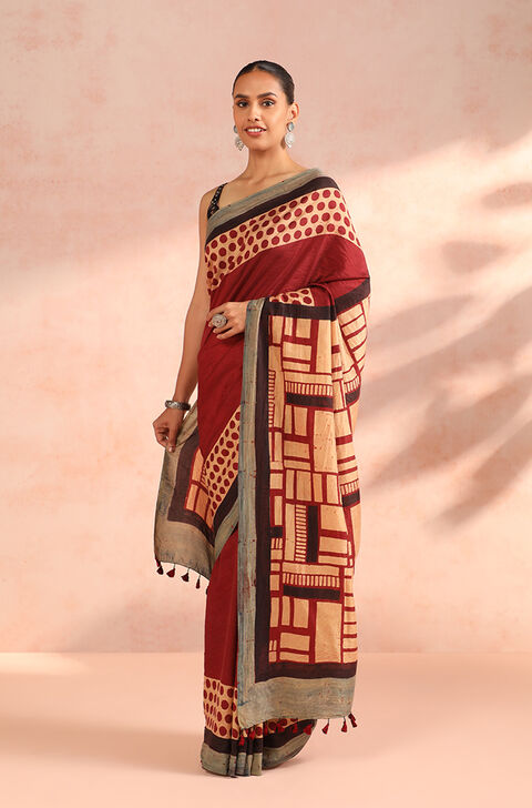 Orange Gujarat Pure Silk Ajrakh Block Print Saree