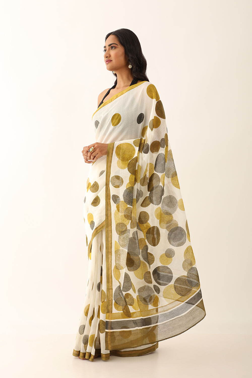 Off White Pure Silk Cotton Block Printed Saree image number null