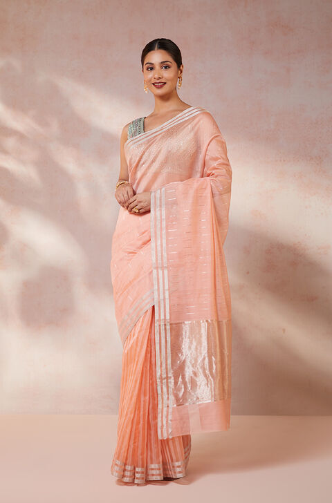 Orange Woven Pure Silk Cotton Chanderi Saree