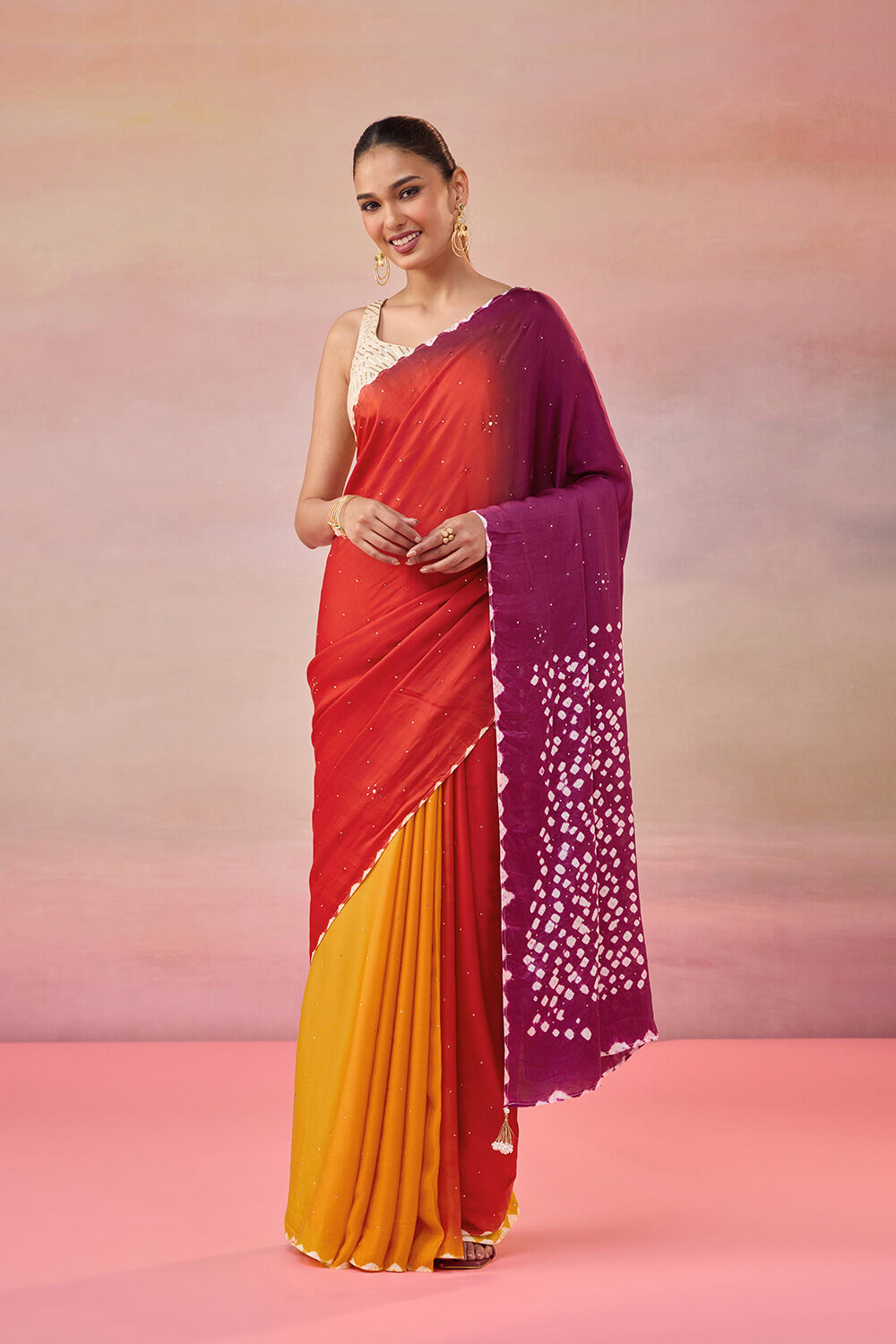 Orange Gujarat Pure Satin Tie & Dye Mukaish Saree image number null